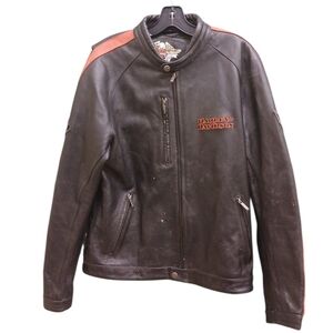 Harley-Davidson Y2K Men's Black and Orange Leather Coat With Patches Size Large